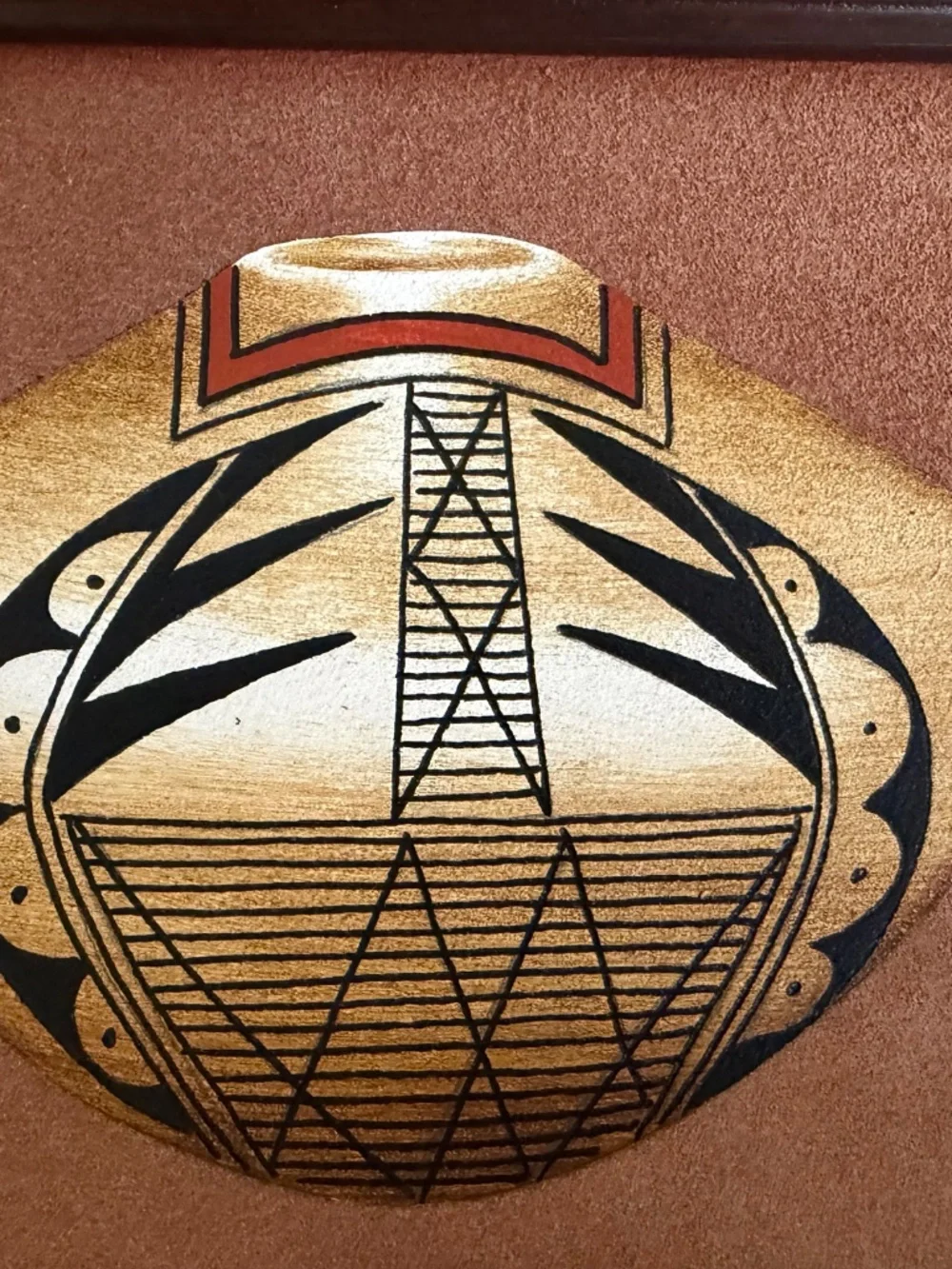 Vintage Original Erv Johnson Hopi Style Pottery Painting on Suede -Framed